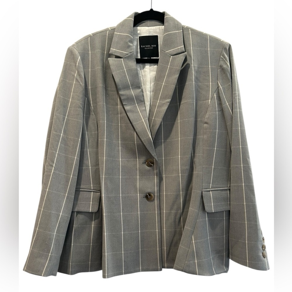 Rachel Roy Collection Windowpane Plaid Blazer - Gray & White - Size 18W